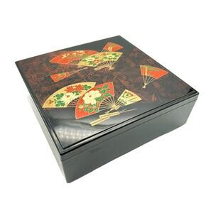 Vintage Otagiri Original Lacquerware Box Faux Lacquer Black with Fans Flowers
